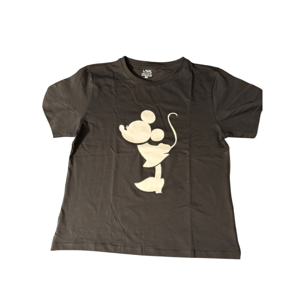 Black Laval T Shirt White Kissing Minnie Mouse Front Graphic Size M Outline NWOT